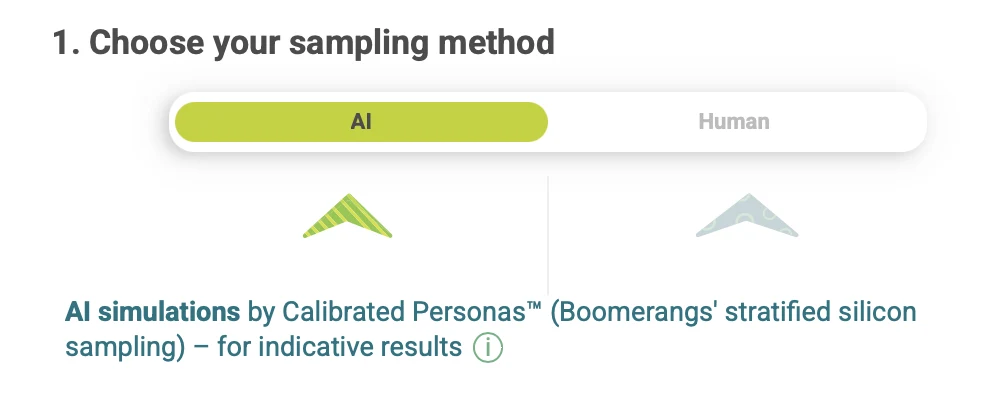 BoomSuite, Schritt 1 «Choose your sampling method»: Schalter auf AI, AI simulations by Calibrated Personas™ für indikative Ergebnisse.